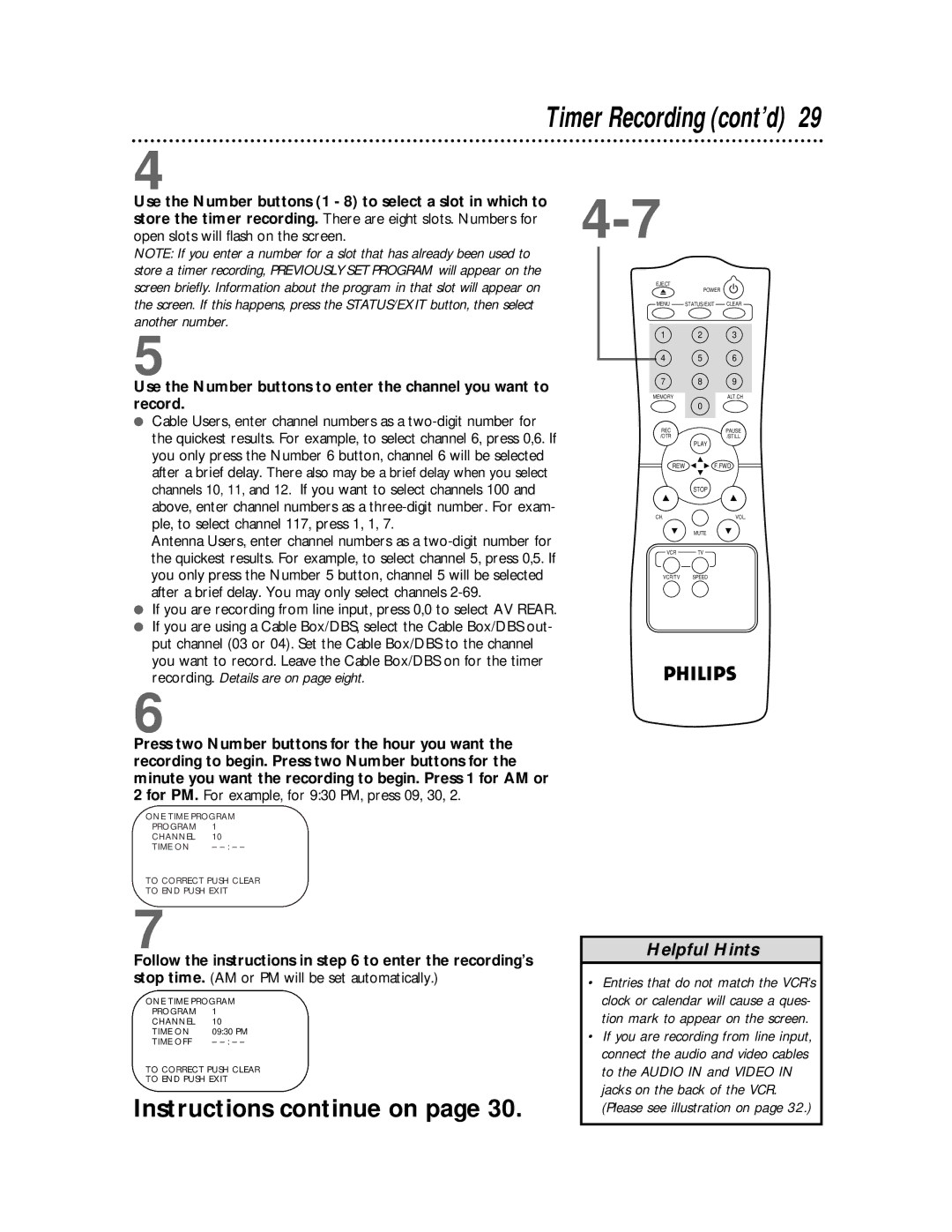 Philips VR220CAT owner manual Timer Recording cont’d 