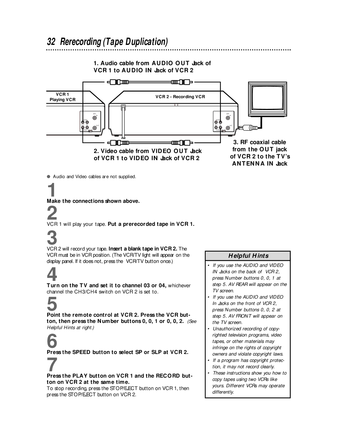 Philips VR220CAT owner manual Rerecording Tape Duplication 