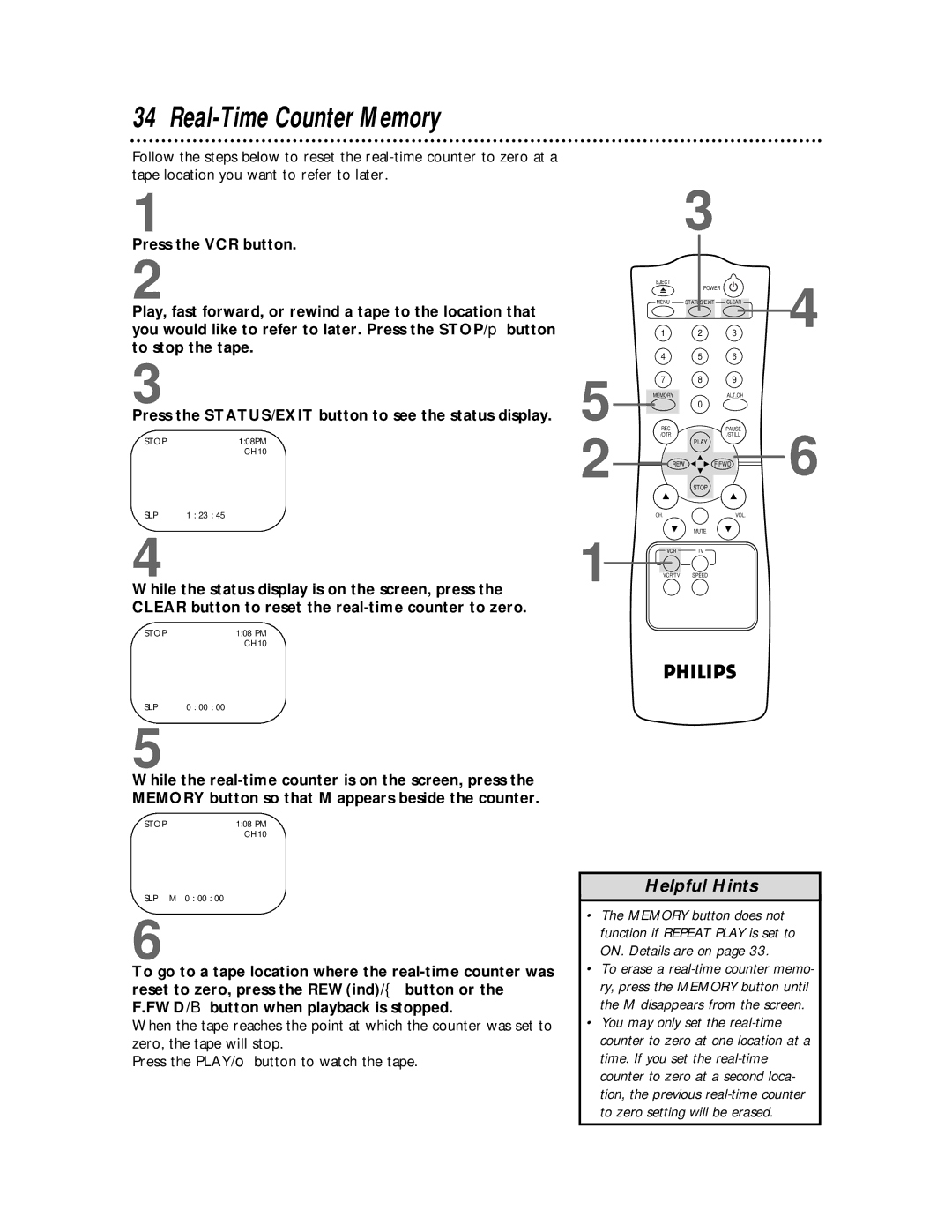 Philips VR220CAT owner manual Real-Time Counter Memory, Press the STATUS/EXIT button to see the status display 