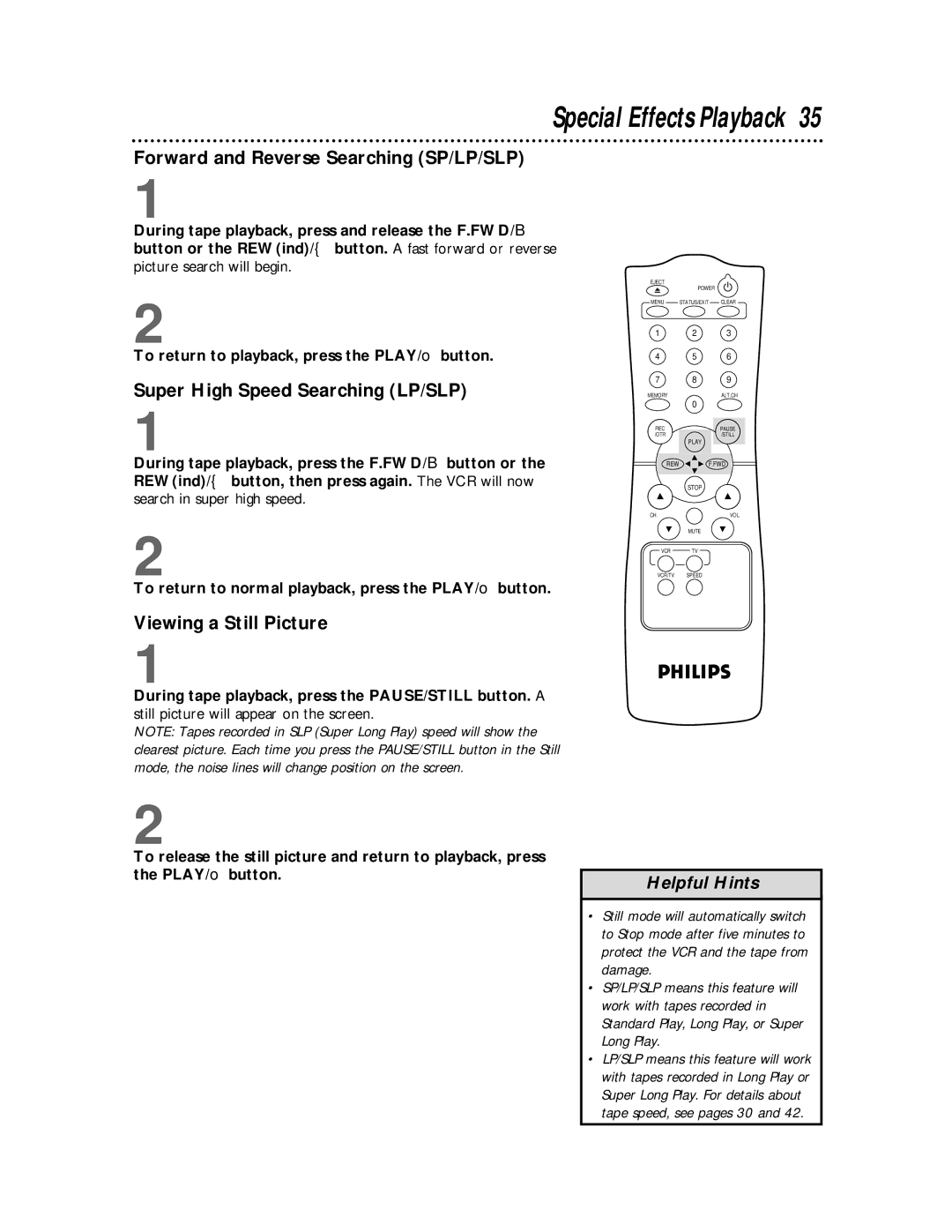 Philips VR220CAT Forward and Reverse Searching SP/LP/SLP, Super High Speed Searching LP/SLP, Viewing a Still Picture 