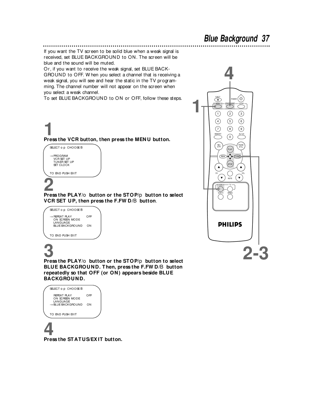 Philips VR220CAT owner manual Blue Background, Press the VCR button, then press the Menu button 