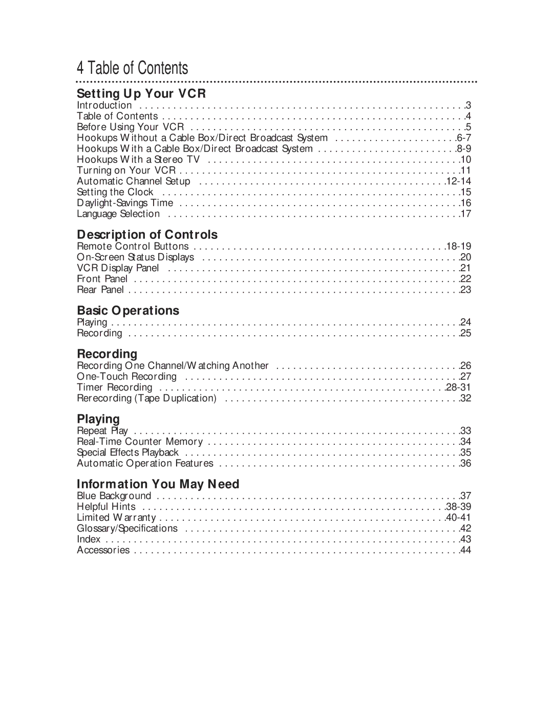 Philips VR220CAT owner manual Table of Contents 