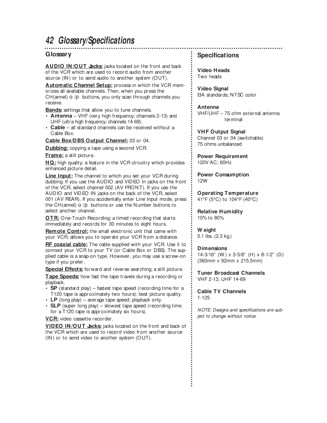 Philips VR220CAT owner manual Glossary/Specifications 