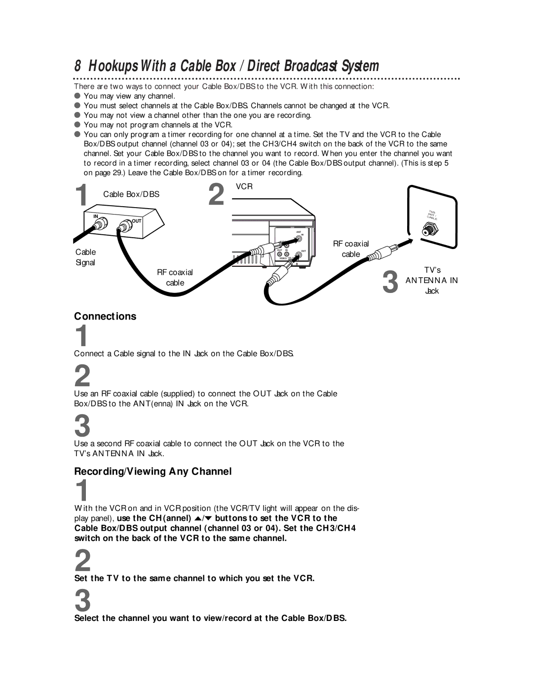 Philips VR220CAT owner manual Connections, Recording/Viewing Any Channel, Cable Box/DBS, Cable Signal RF coaxial 