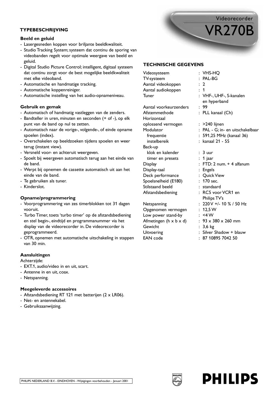 Philips VR270B manual Typebeschrijving, Technische Gegevens 