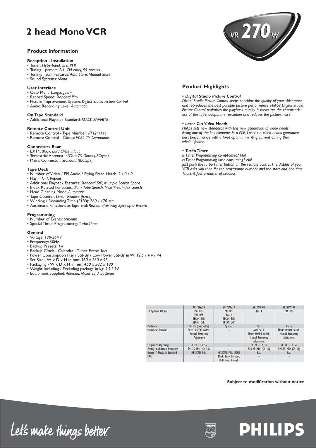 Philips VR270W Product information, Product Highlights, Digital Studio Picture Control, Laser Cut Video Heads, Turbo Timer 