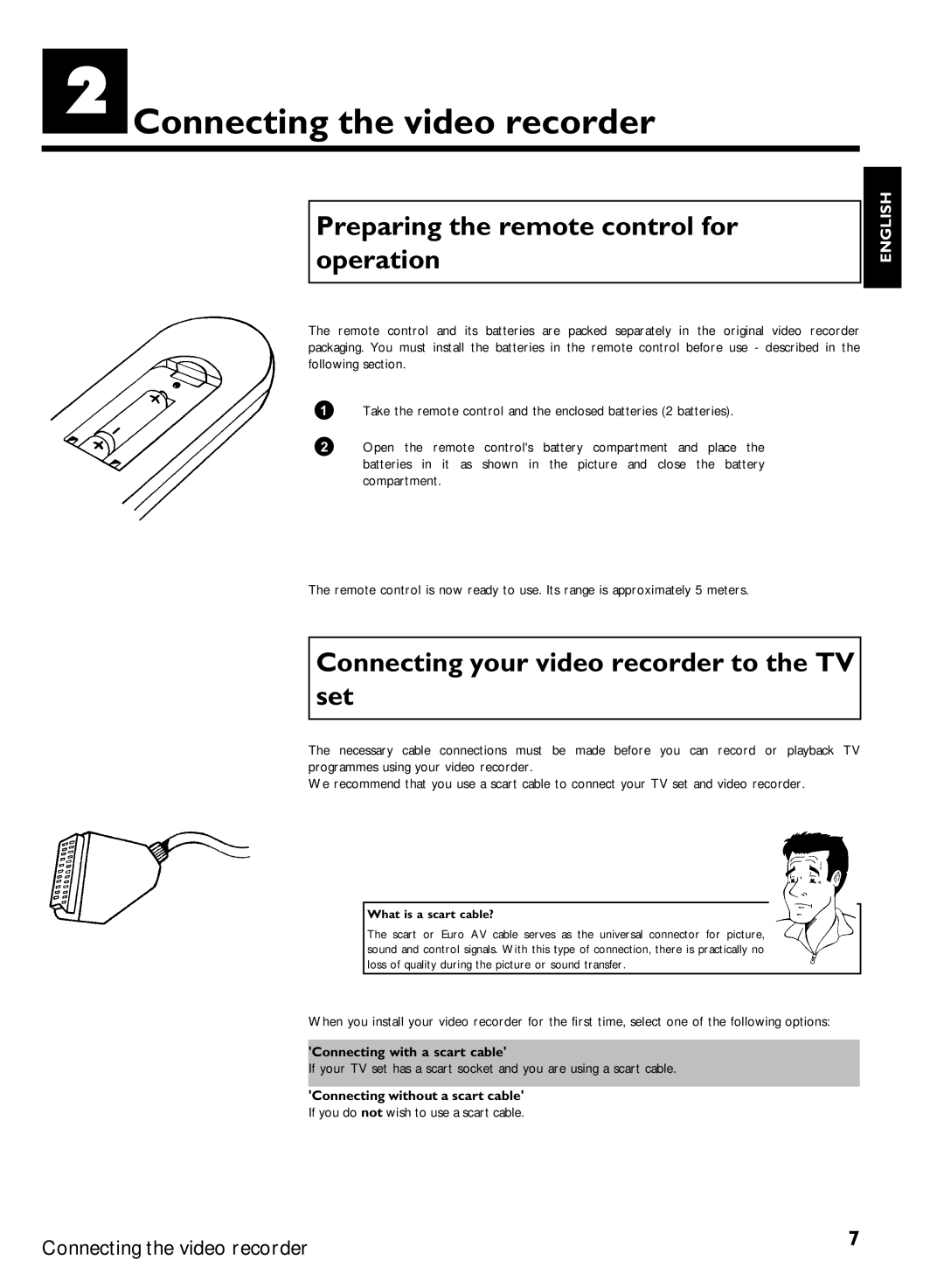 Philips VR270B/07 Connecting the video recorder, Preparing the remote control for operation, Connecting with a scart cable 