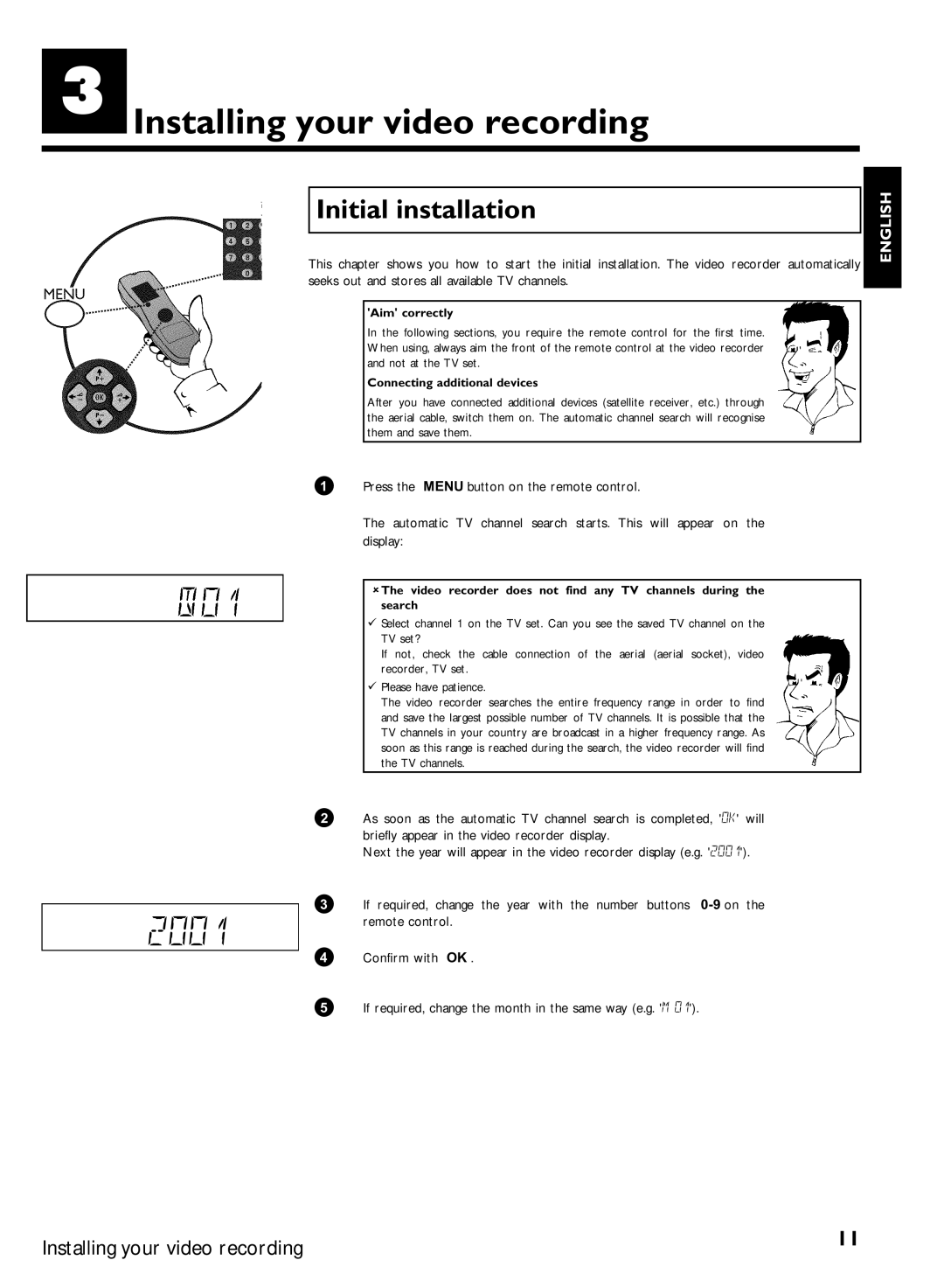 Philips VR270B/07, VR270W/07 specifications Installing your video recording, 2001, Initial installation 