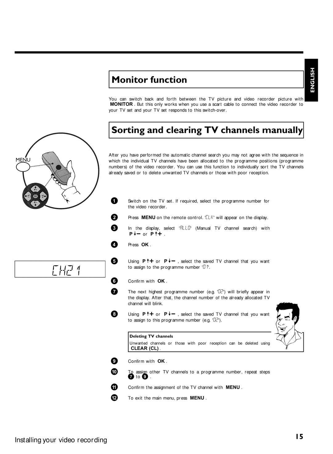 Philips VR270B/07, VR270W/07 CH21, Monitor function, Sorting and clearing TV channels manually, Deleting TV channels 