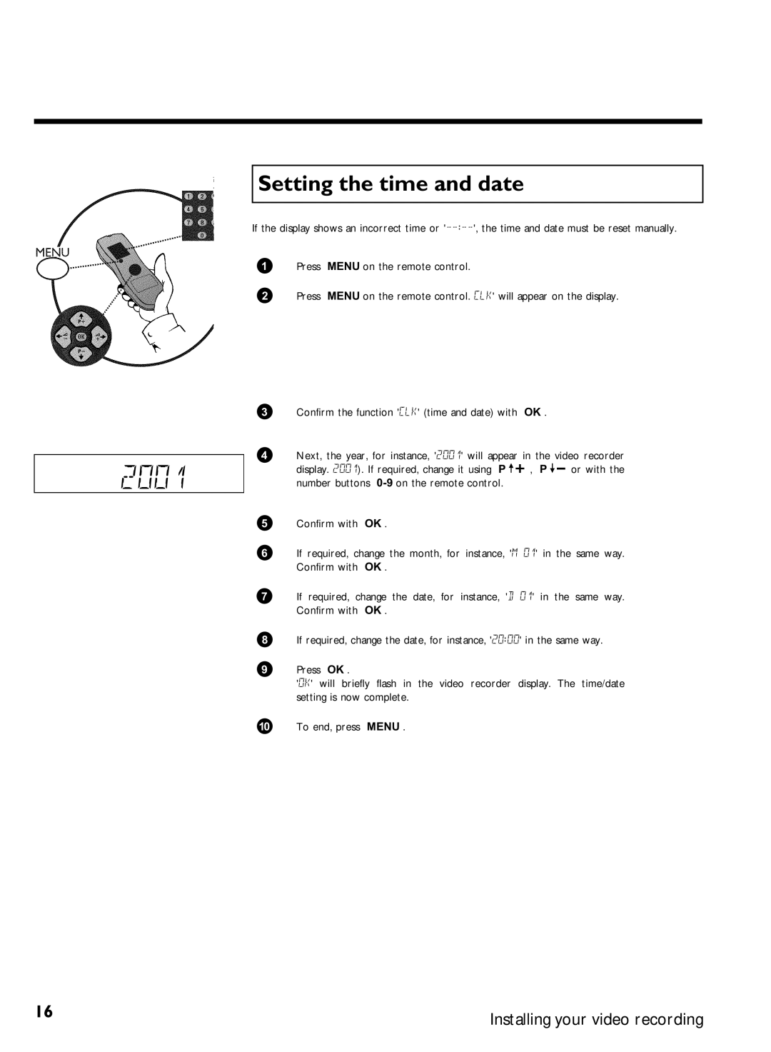 Philips VR270W/07, VR270B/07 specifications 2001, Setting the time and date 