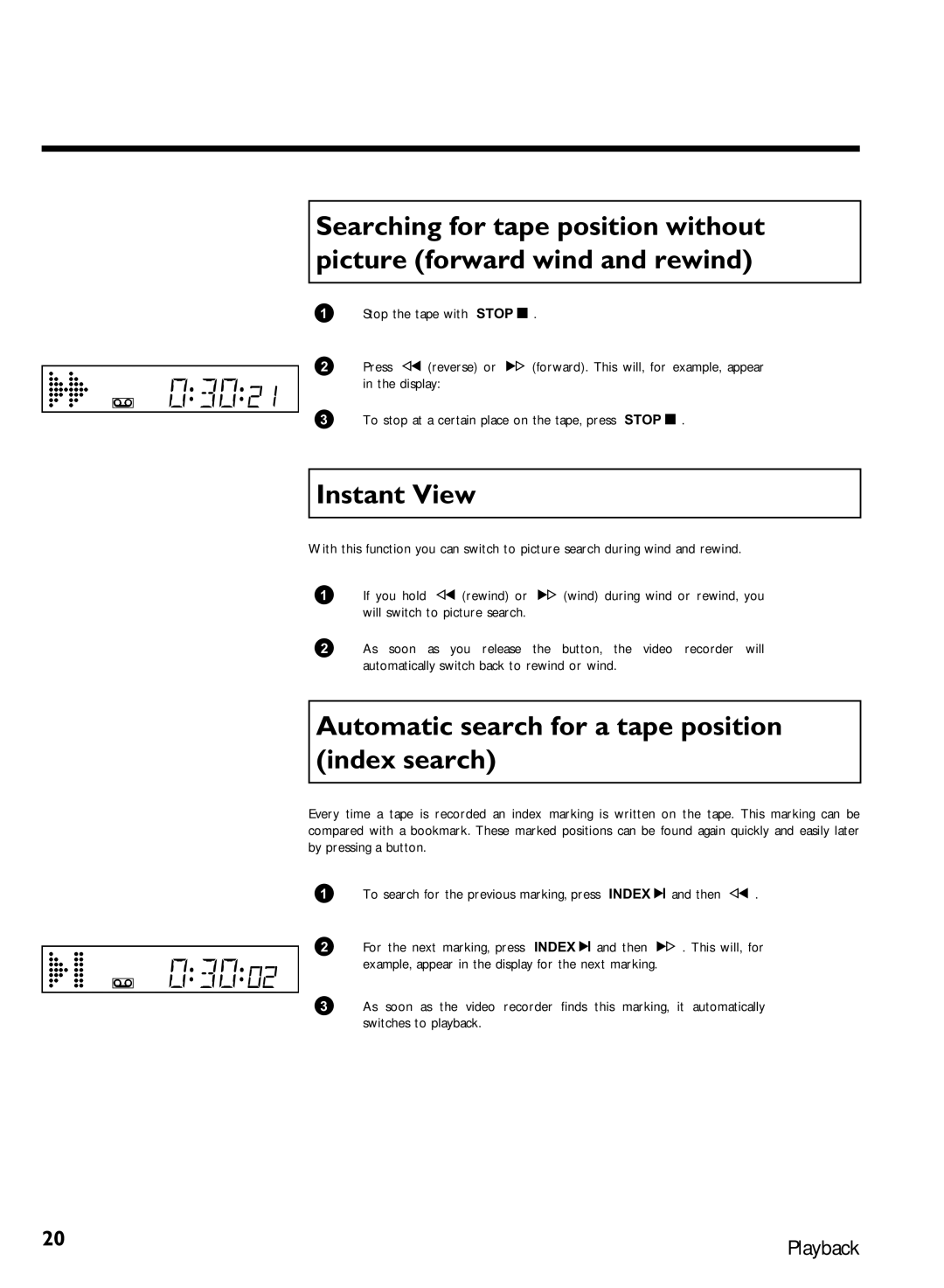 Philips VR270W/07, VR270B/07 specifications 03002, Instant View, Automatic search for a tape position index search 