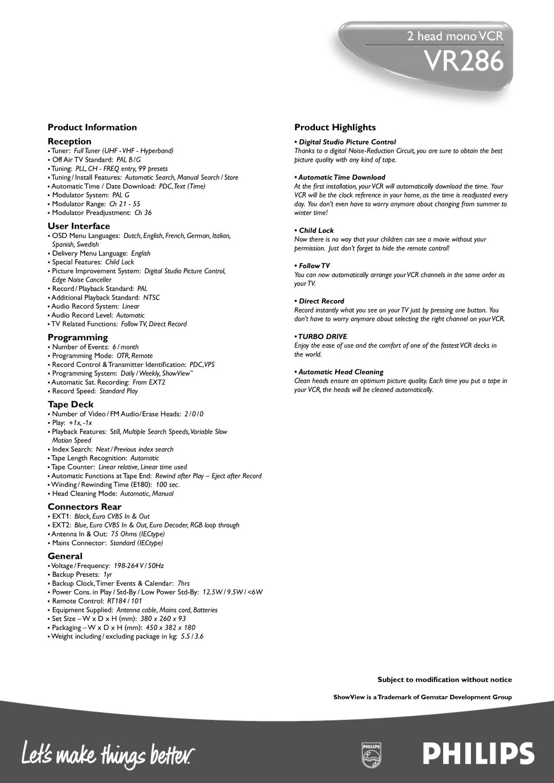 Philips VR286 manual Product Information Reception, User Interface, Programming, Tape Deck, Connectors Rear, General 