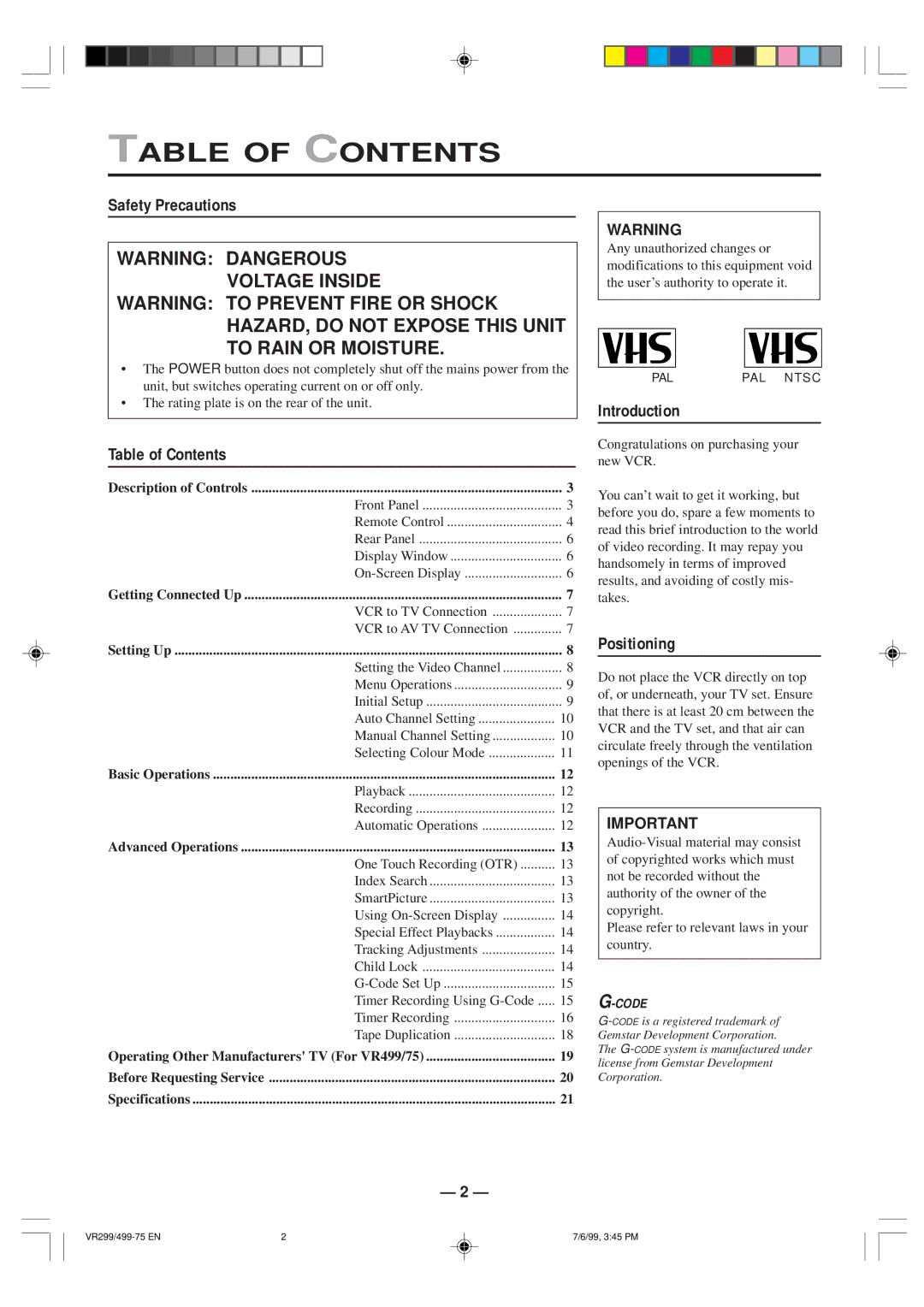 Philips VR499/75, VR299/75 specifications Table of Contents 