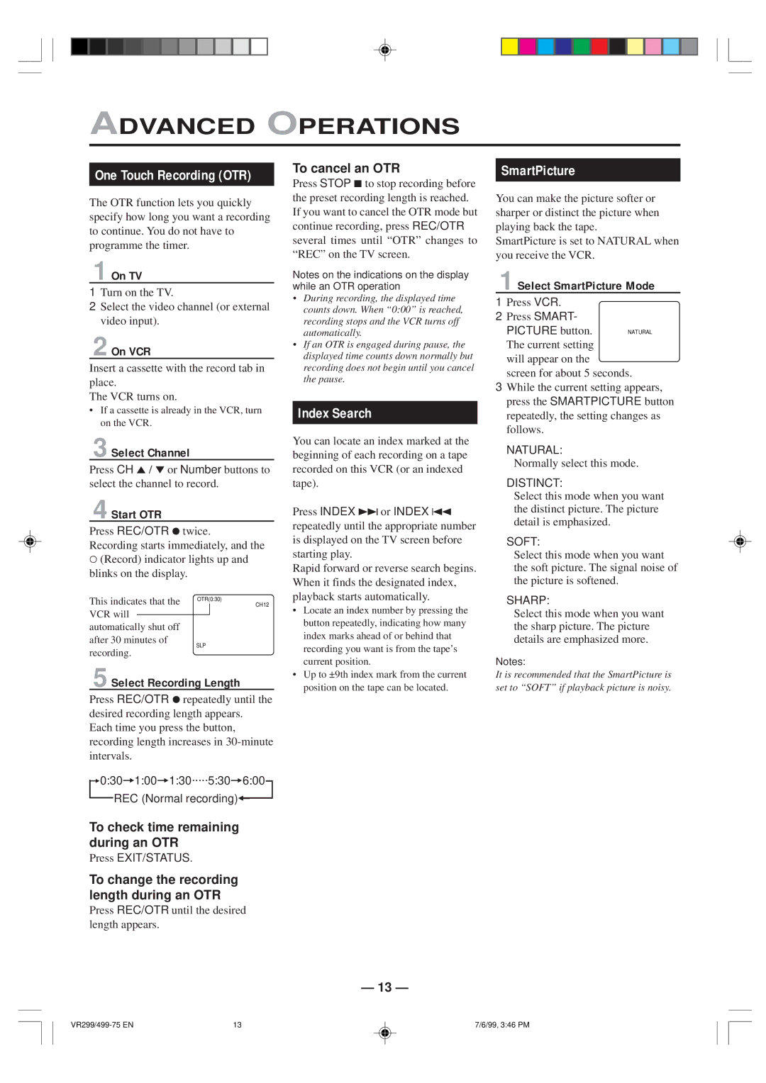 Philips VR299/75, VR499/75 specifications Advanced Operations, Index Search, SmartPicture 