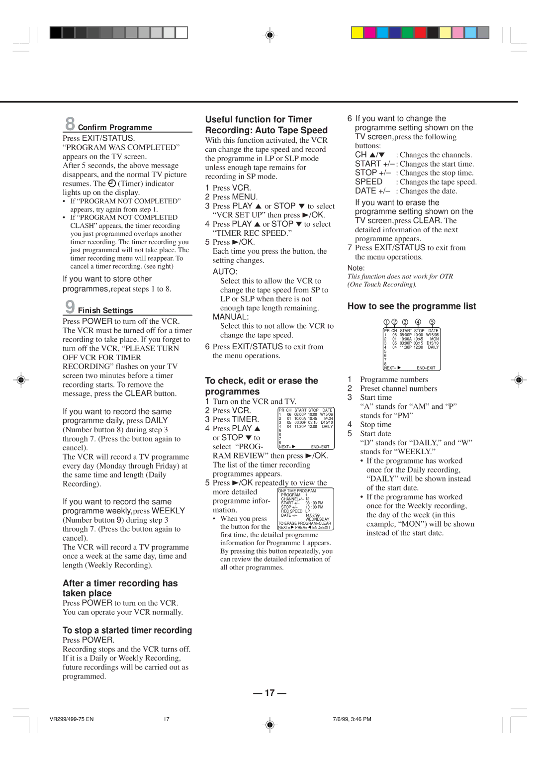 Philips VR299/75, VR499/75 8Confirm Programme, 9Finish Settings, Useful function for Timer Recording Auto Tape Speed 