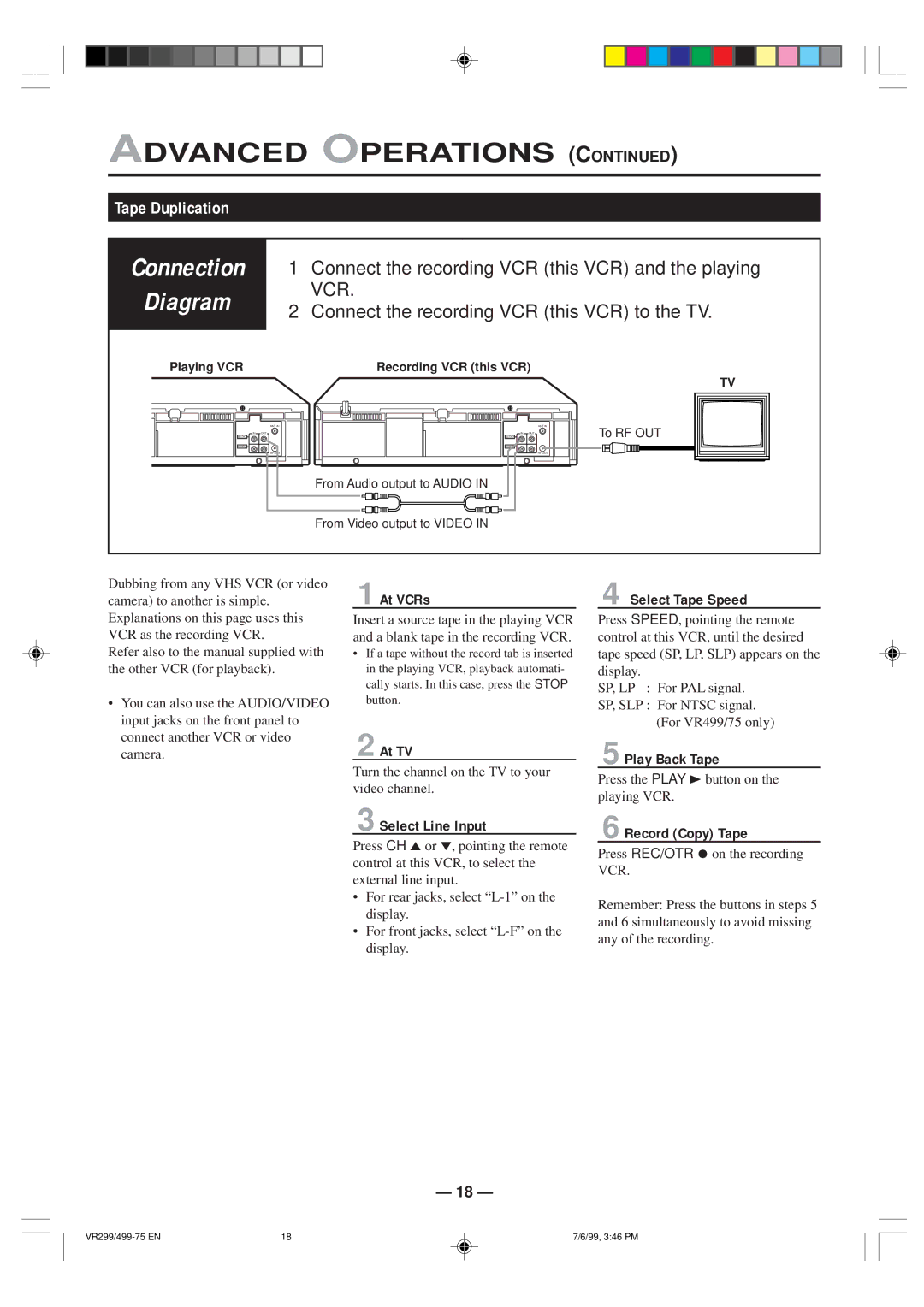 Philips VR499/75, VR299/75 specifications Tape Duplication 