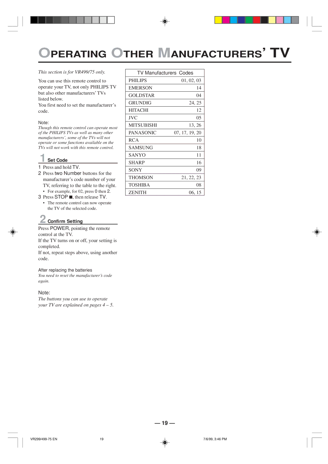 Philips VR299/75, VR499/75 Operating Other MANUFACTURERS’ TV, 1Set Code, 2Confirm Setting, TV Manufacturers’ Codes 