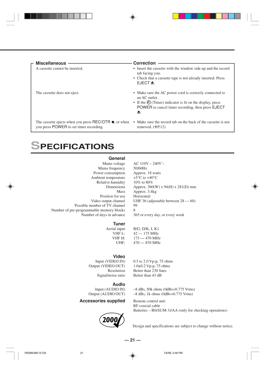 Philips VR299/75, VR499/75 specifications Specifications 