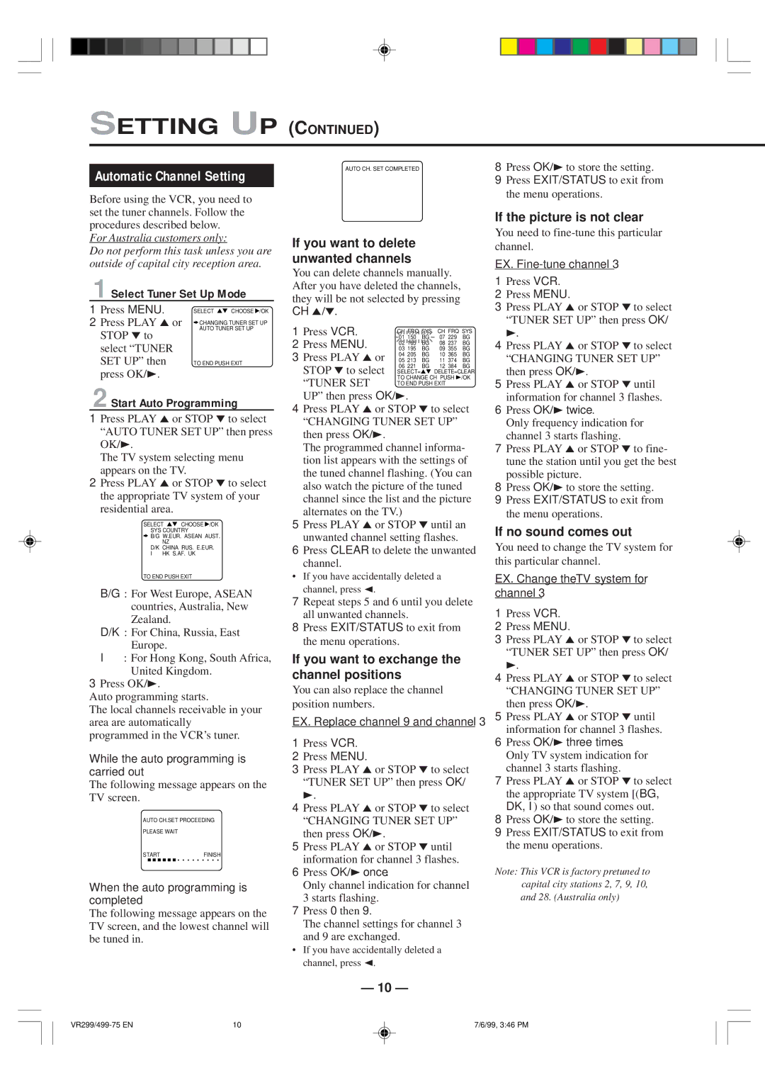 Philips VR499/75, VR299/75 specifications Automatic Channel Setting 