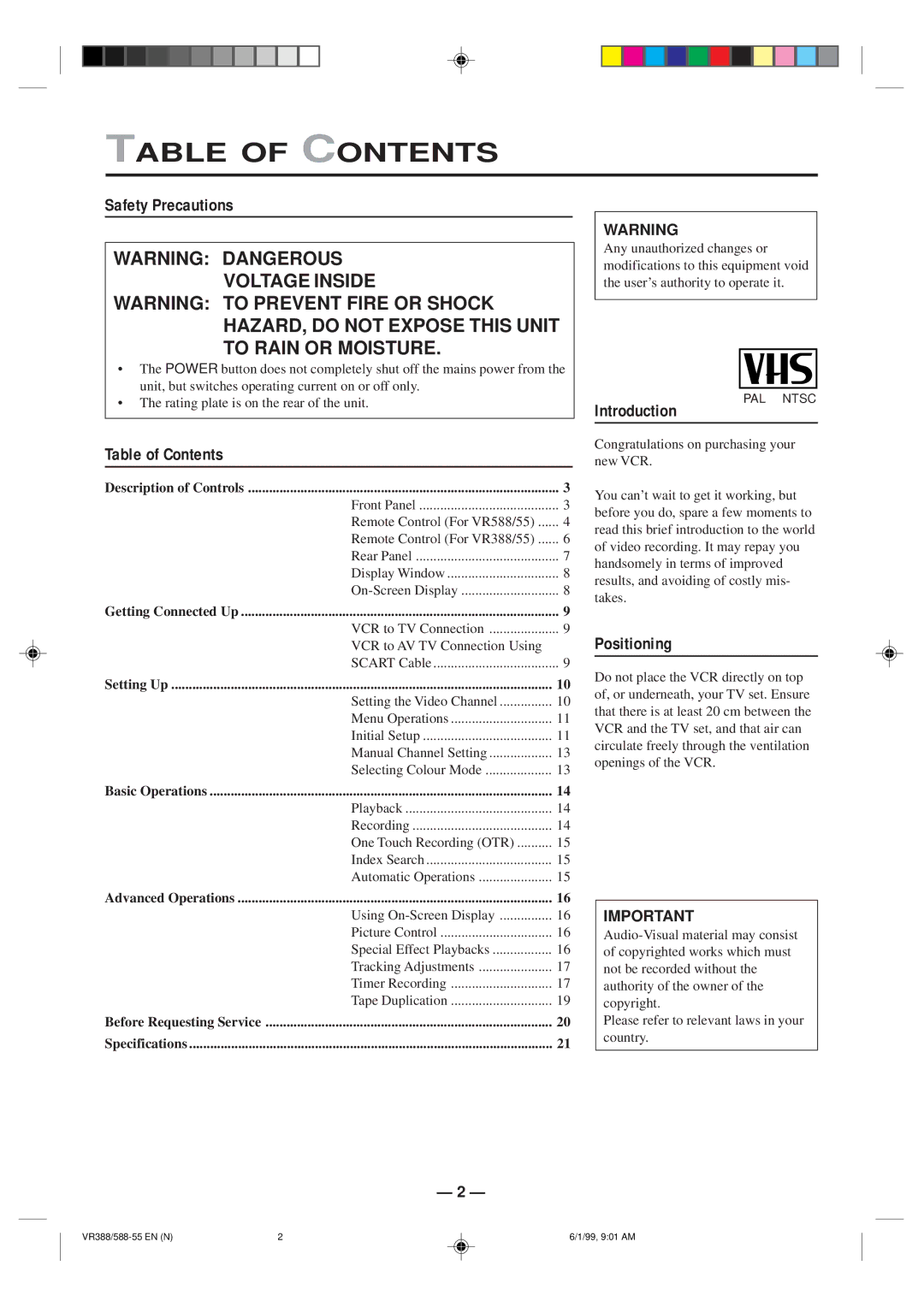 Philips VR588-55, VR388-55 specifications Table of Contents 