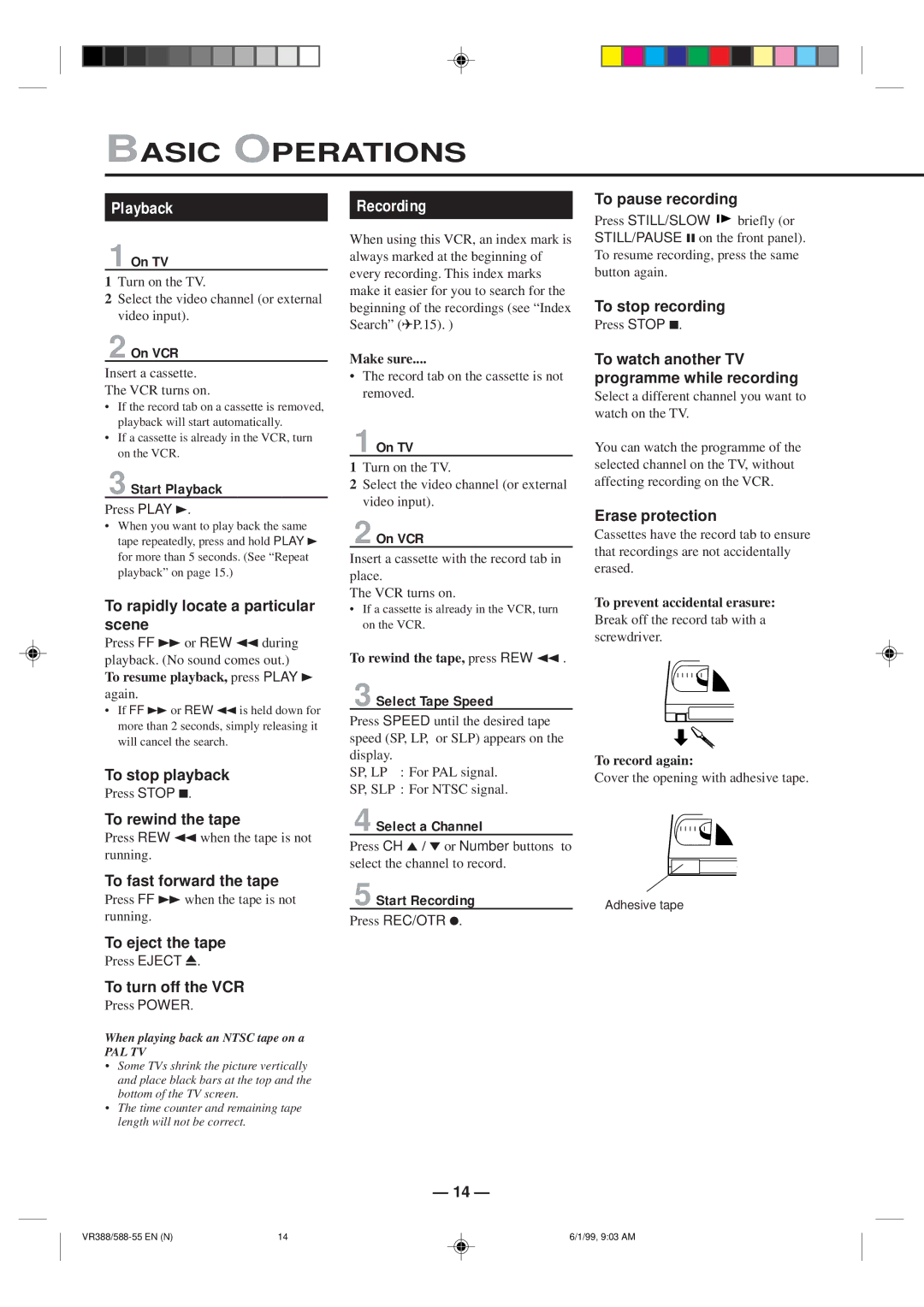 Philips VR588-55, VR388-55 specifications Basic Operations, Playback, Recording 