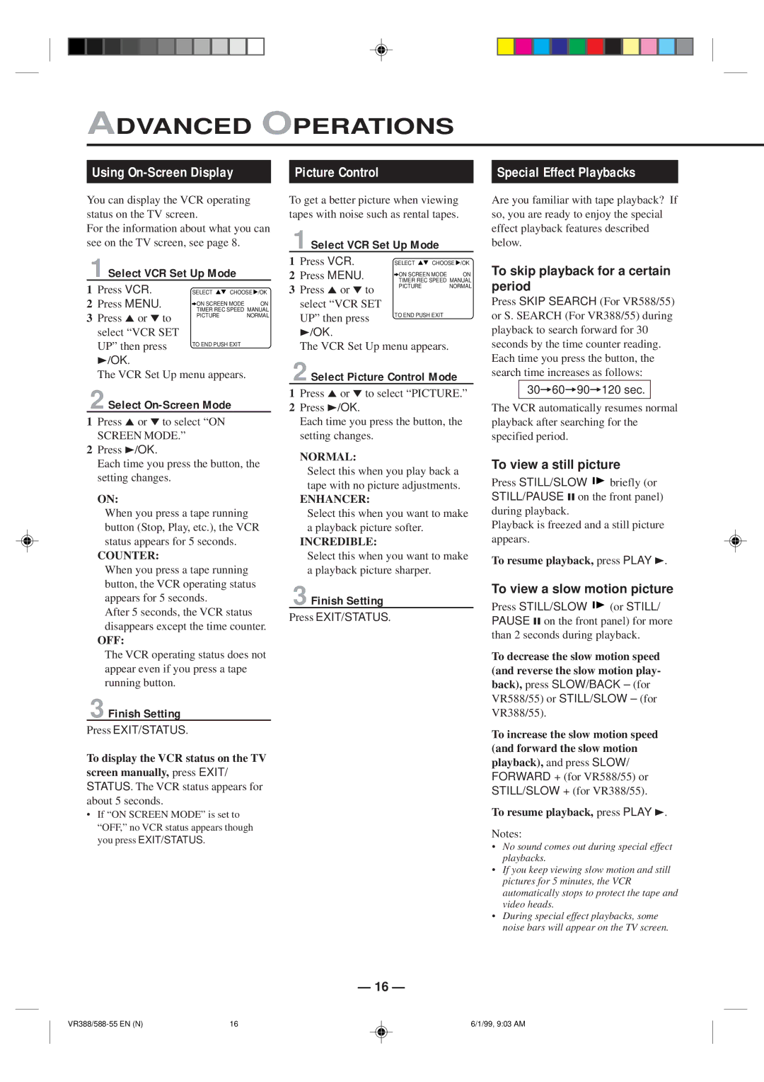 Philips VR588-55, VR388-55 Advanced Operations, Using On-Screen Display, Picture Control, Special Effect Playbacks 