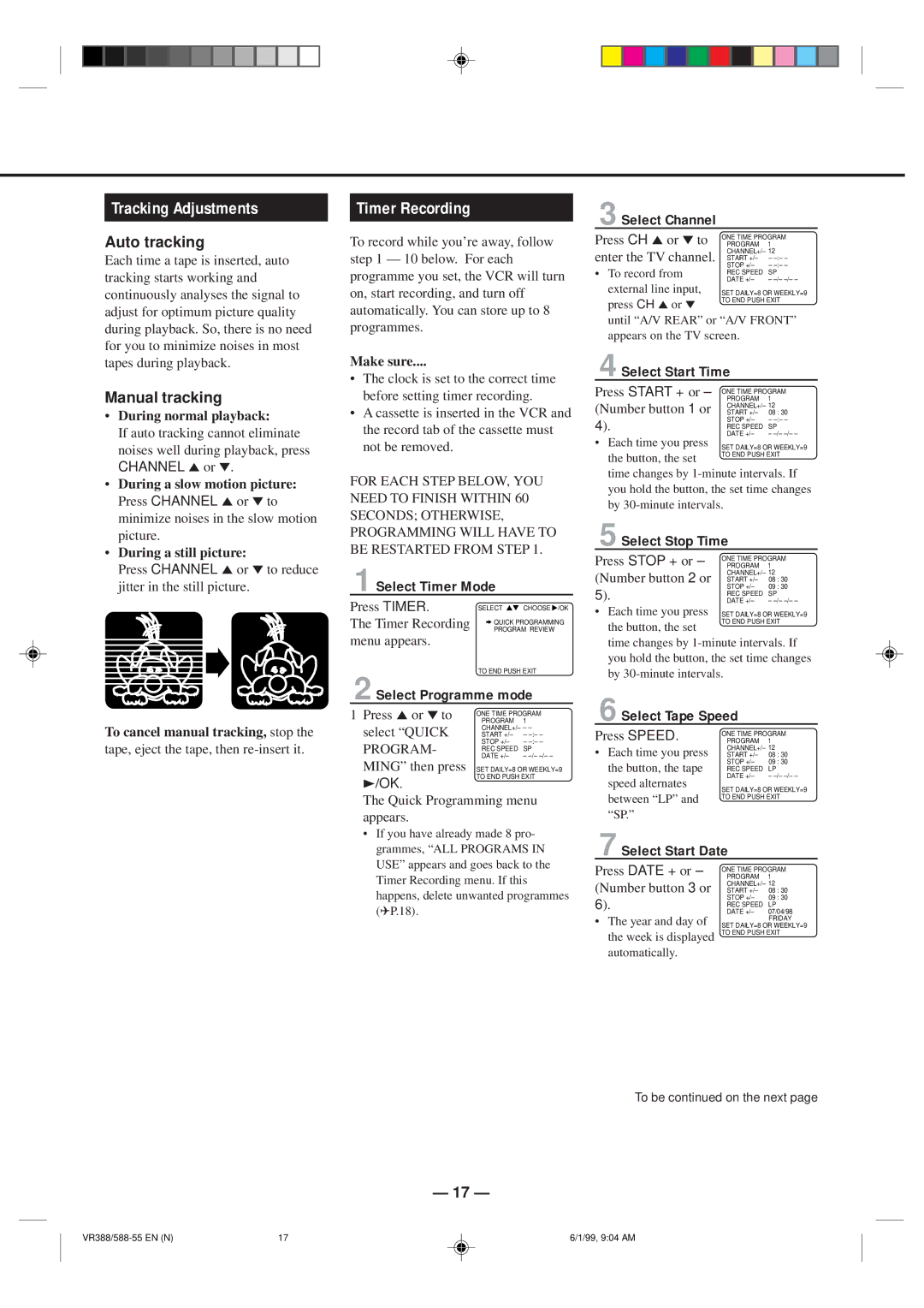 Philips VR388-55, VR588-55 specifications Tracking Adjustments, Timer Recording 