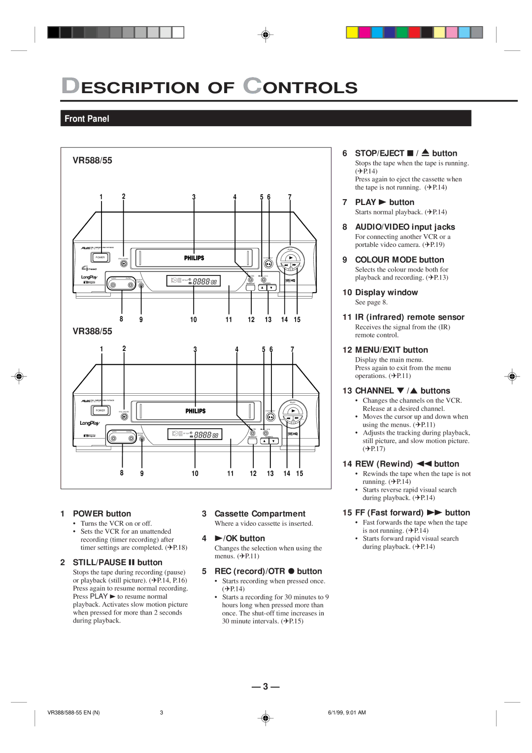 Philips VR388-55, VR588-55 specifications Description of Controls, Front Panel 