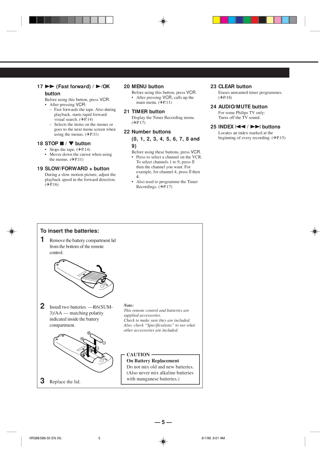 Philips VR388-55 17 Á Fast forward / 3/OK button, Stop 7/ button, SLOW/FORWARD + button, Menu button, Timer button 