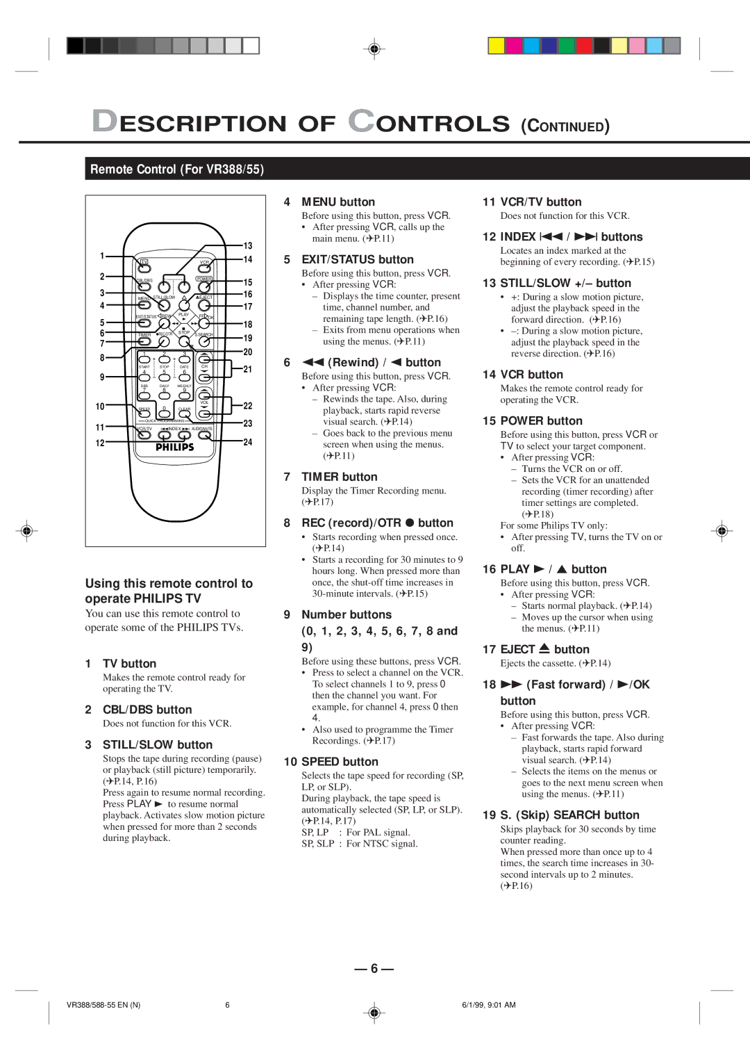 Philips VR588-55, VR388-55 specifications Remote Control For VR388/55 