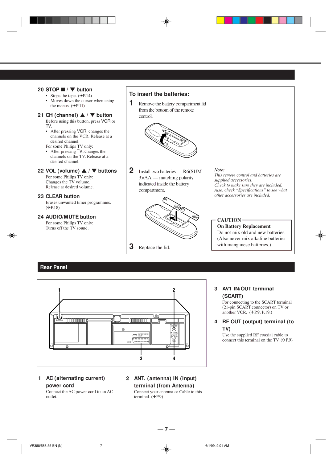 Philips VR388-55, VR588-55 specifications Rear Panel 