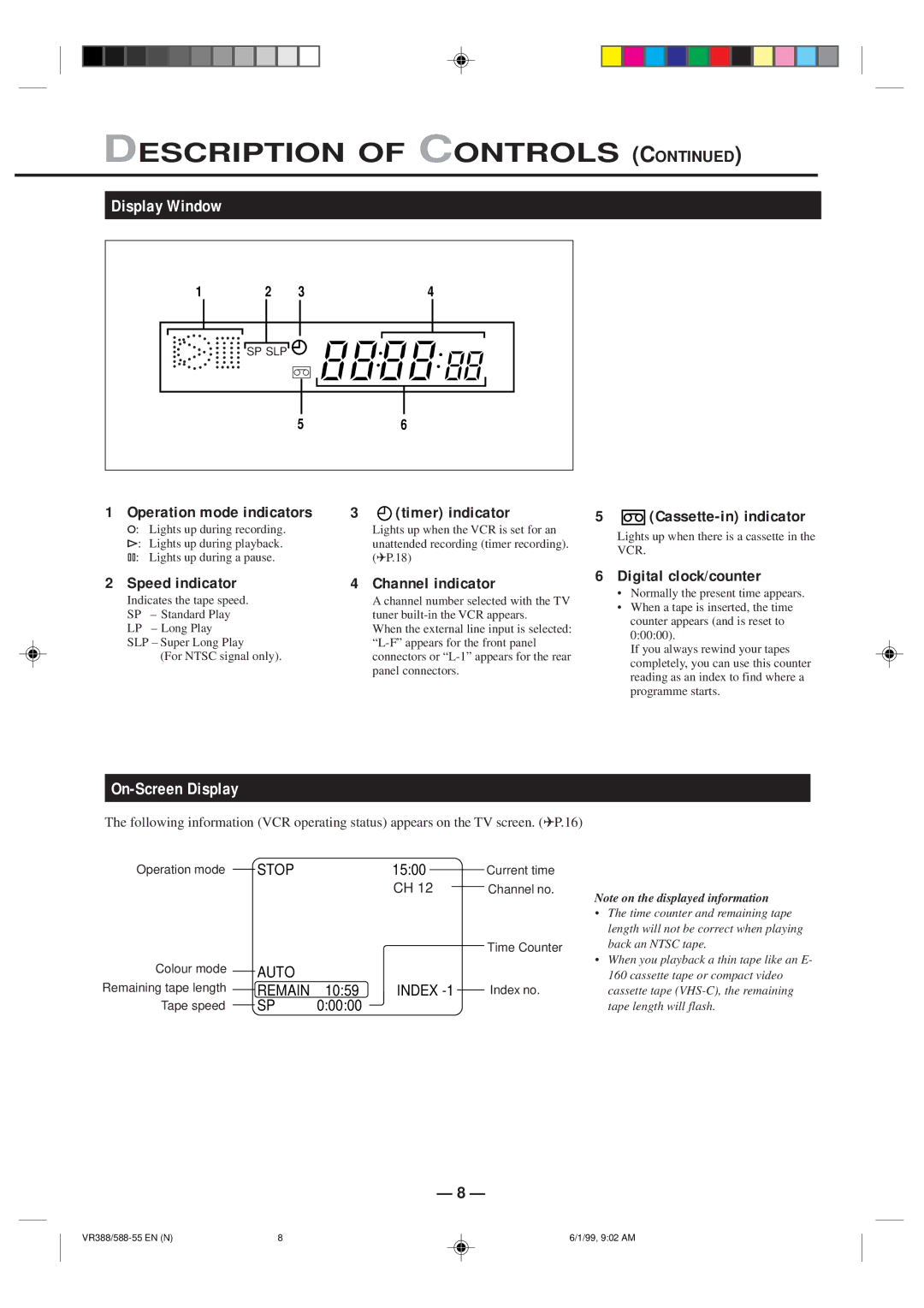 Philips VR588-55, VR388-55 specifications DisplayRearPanelWindow, On-Screen Display 