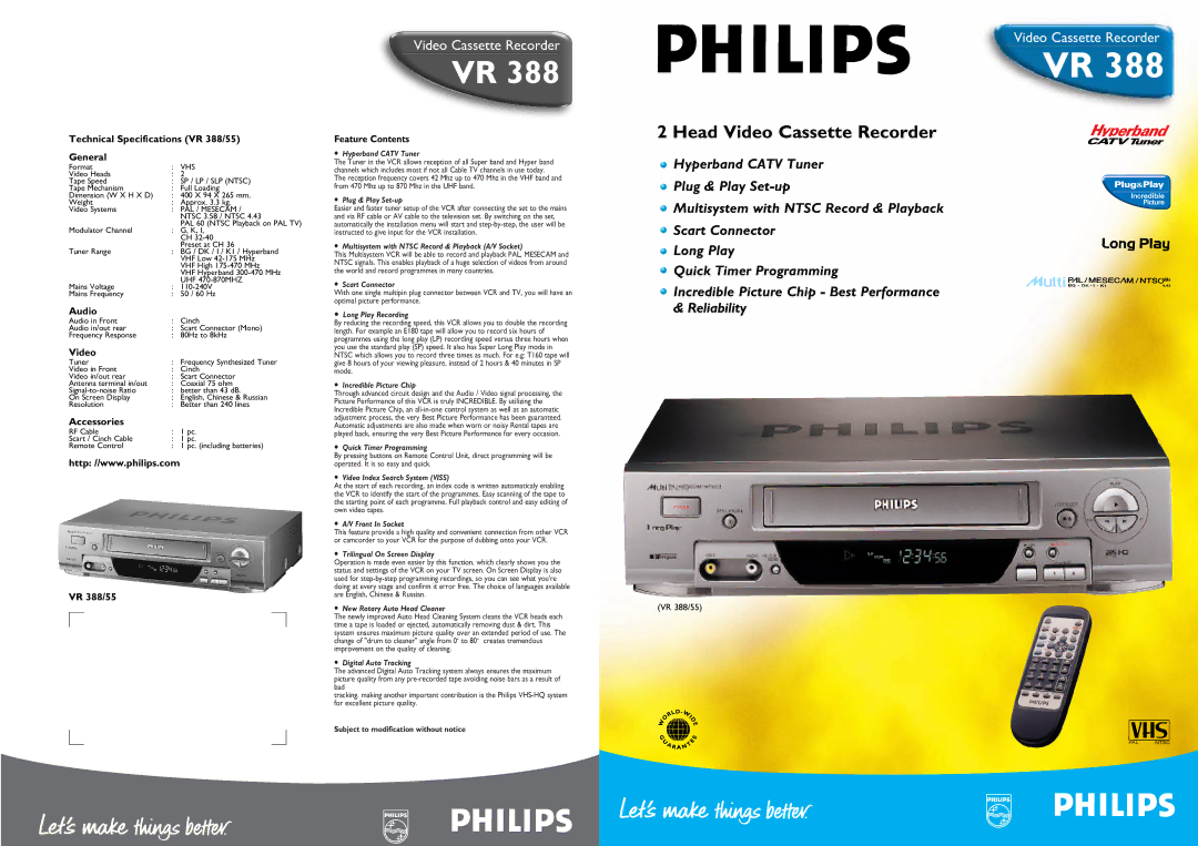 Philips VR388 technical specifications Technical Specifications VR 388/55 General, Feature Contents, Audio, Video 