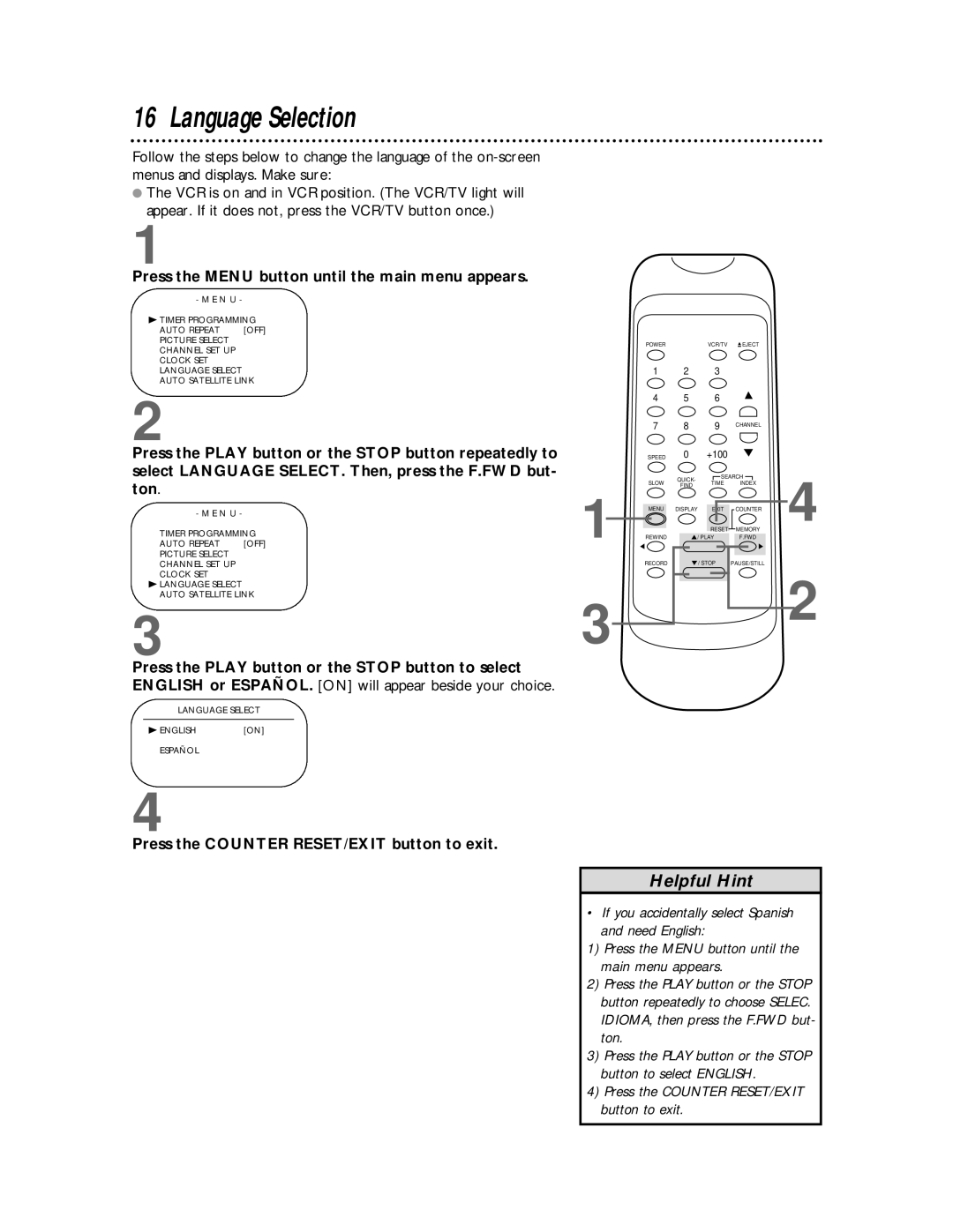 Philips VR400BMG owner manual Language Selection, Press the Counter RESET/EXIT button to exit 