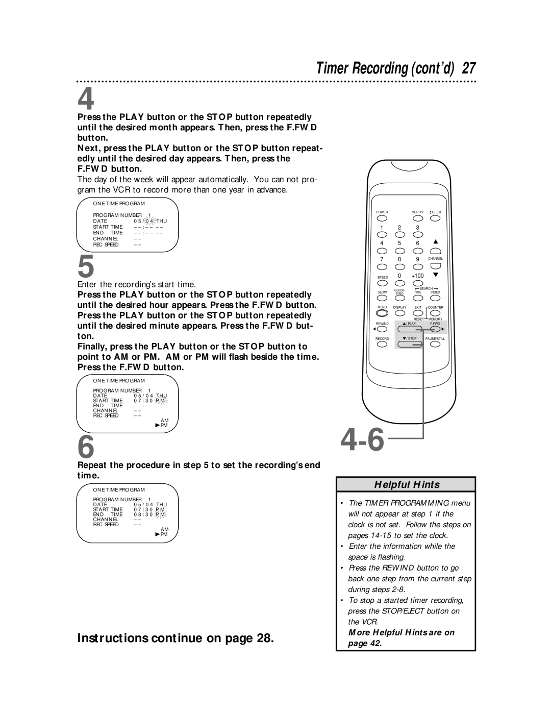 Philips VR400BMG owner manual Timer Recording cont’d, Enter the recording’s start time 