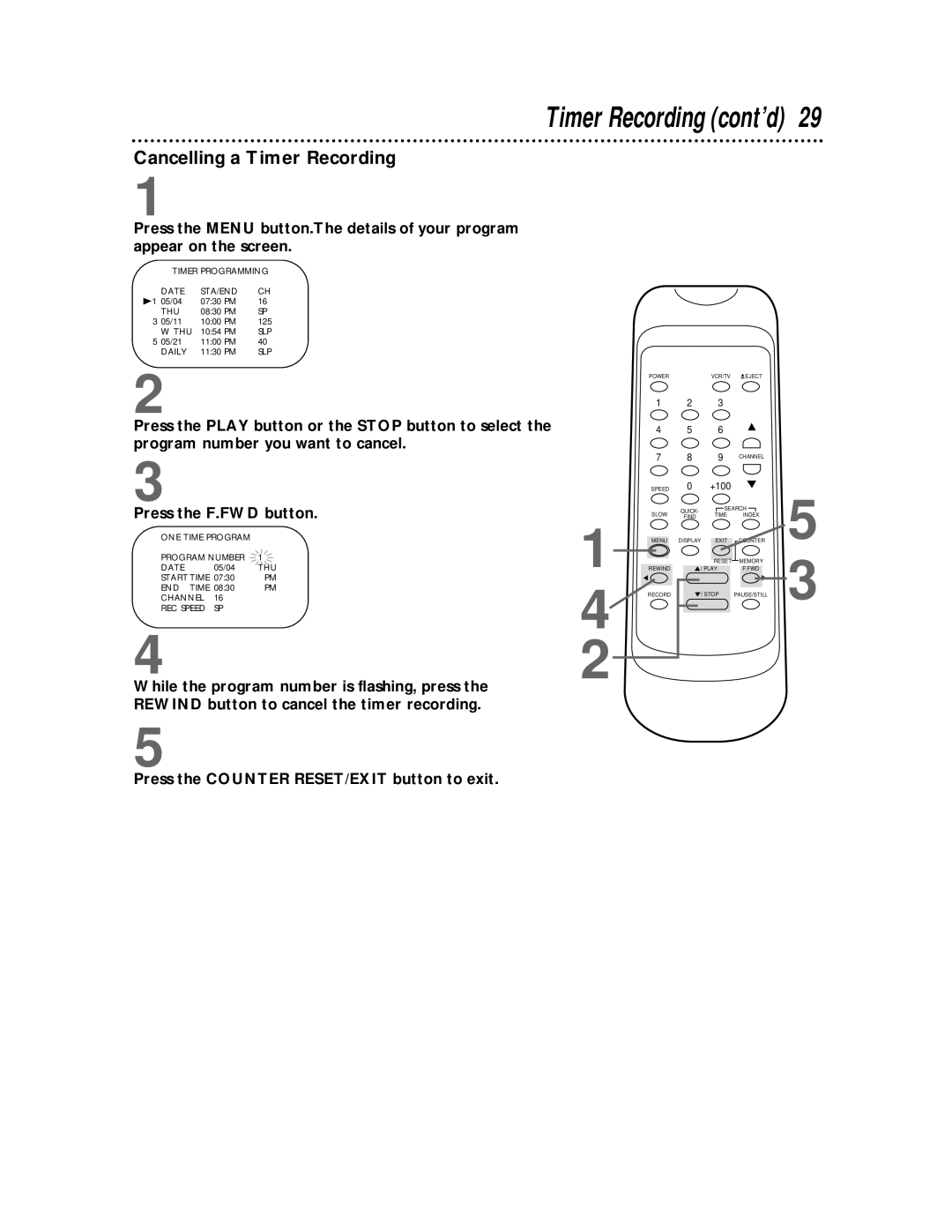 Philips VR400BMG owner manual Timer Recording cont’d, Cancelling a Timer Recording 