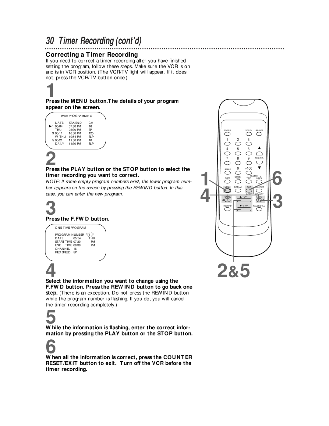 Philips VR400BMG owner manual 42&5, Correcting a Timer Recording 