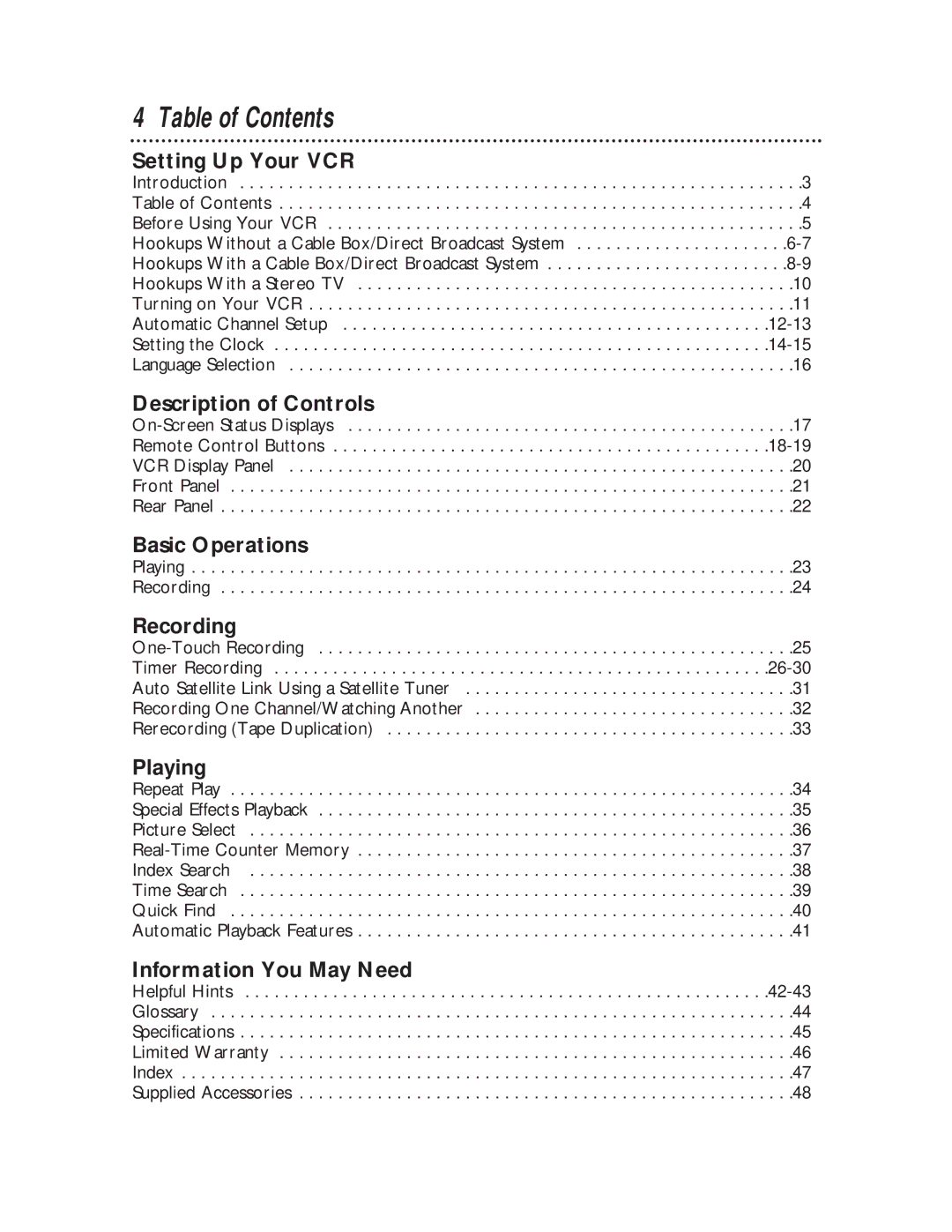 Philips VR400BMG owner manual Table of Contents 