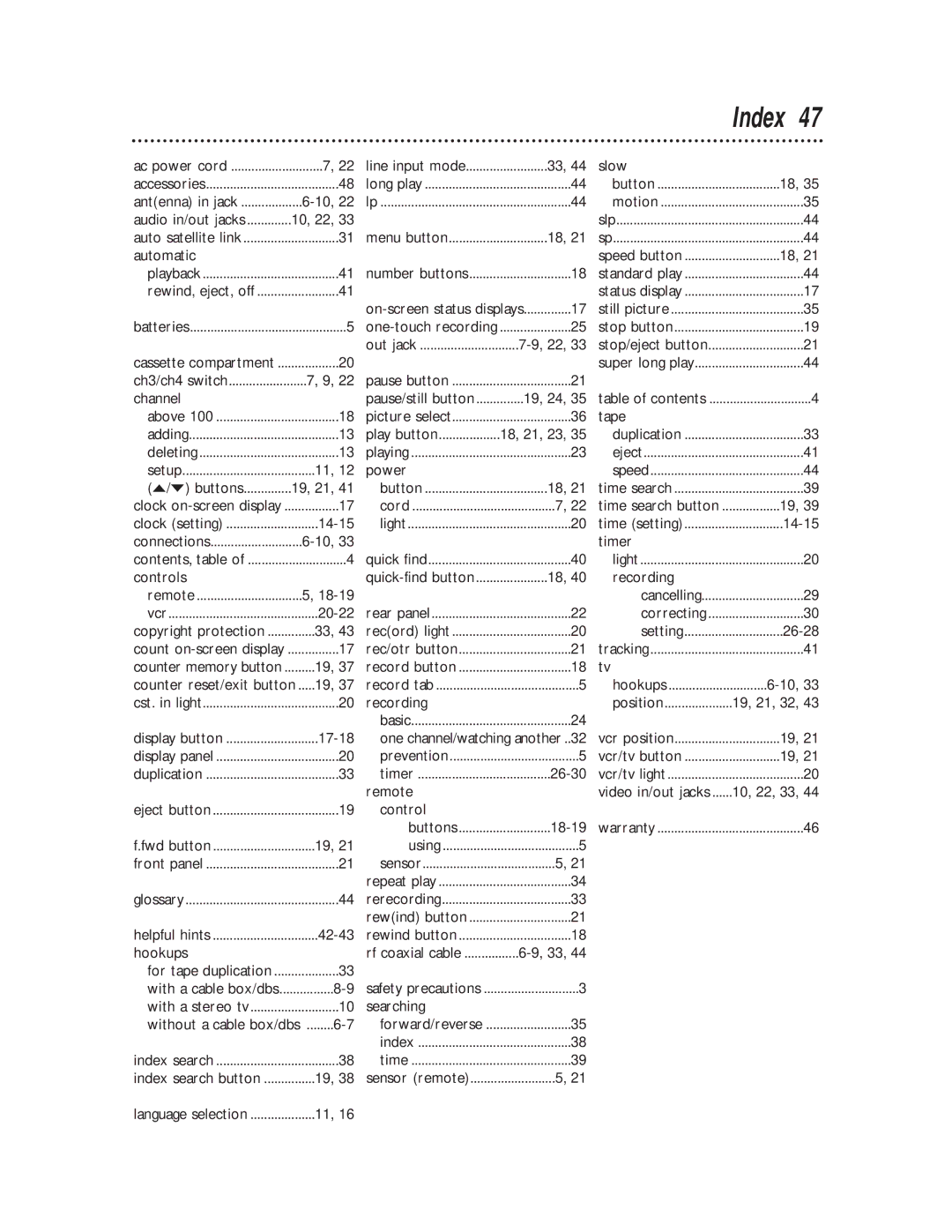 Philips VR400BMG owner manual Index 