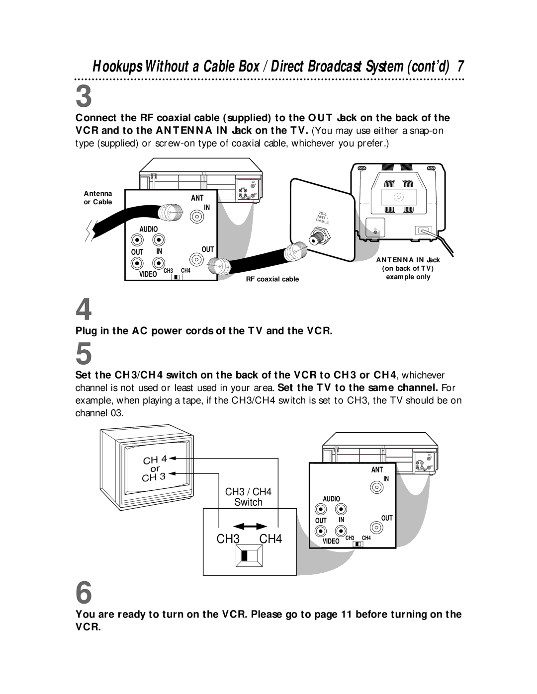 Philips VR400BMG owner manual CH3 CH4, Plug in the AC power cords of the TV and the VCR 