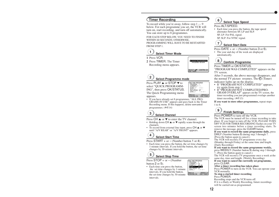 Philips VR420/55, VR220/55 Timer Recording, Select Timer Mode, Select Programme mode, Select Start Time, Select Start Date 