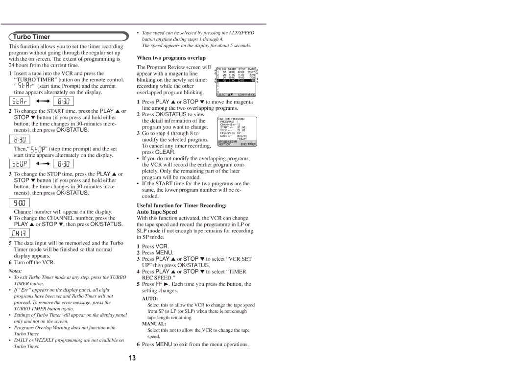 Philips VR220/55, VR420/55 instruction manual Turbo Timer, When two programs overlap, Play 5or Stop ∞, then press OK/STATUS 