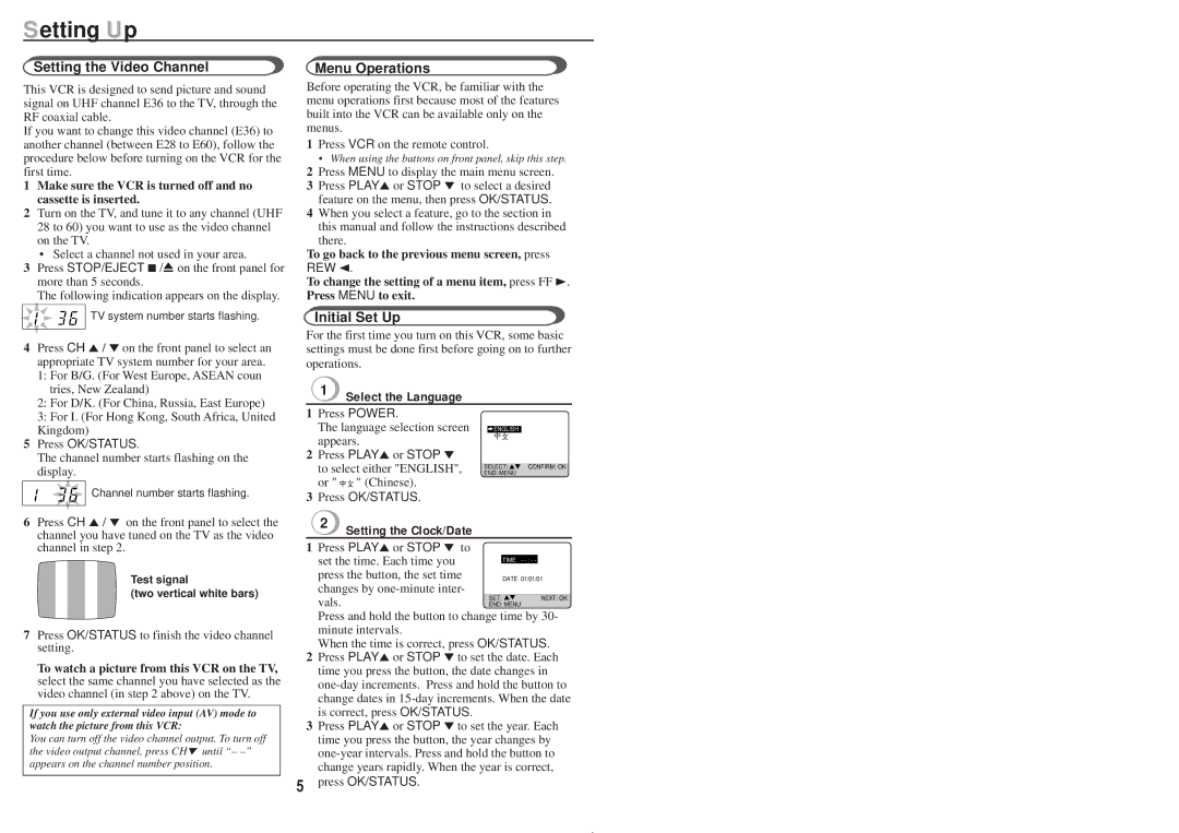 Philips VR220/55 Setting the Video Channel, Menu Operations, Initial Set Up, Select the Language, Setting the Clock/Date 