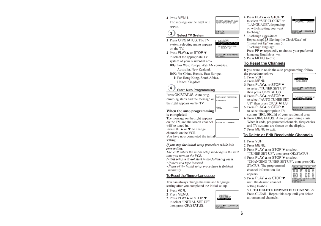 Philips VR420/55, VR220/55 Select TV System, Start Auto Programming, To Reset the Channels, ToResettheTimeorLanguage 