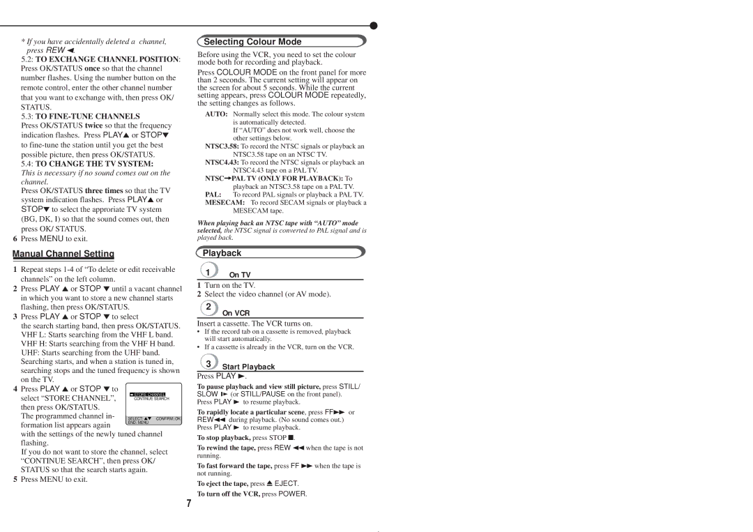 Philips VR220/55, VR420/55 Manual Channel Setting, Selecting Colour Mode, Playback On TV, On VCR, Start Playback 