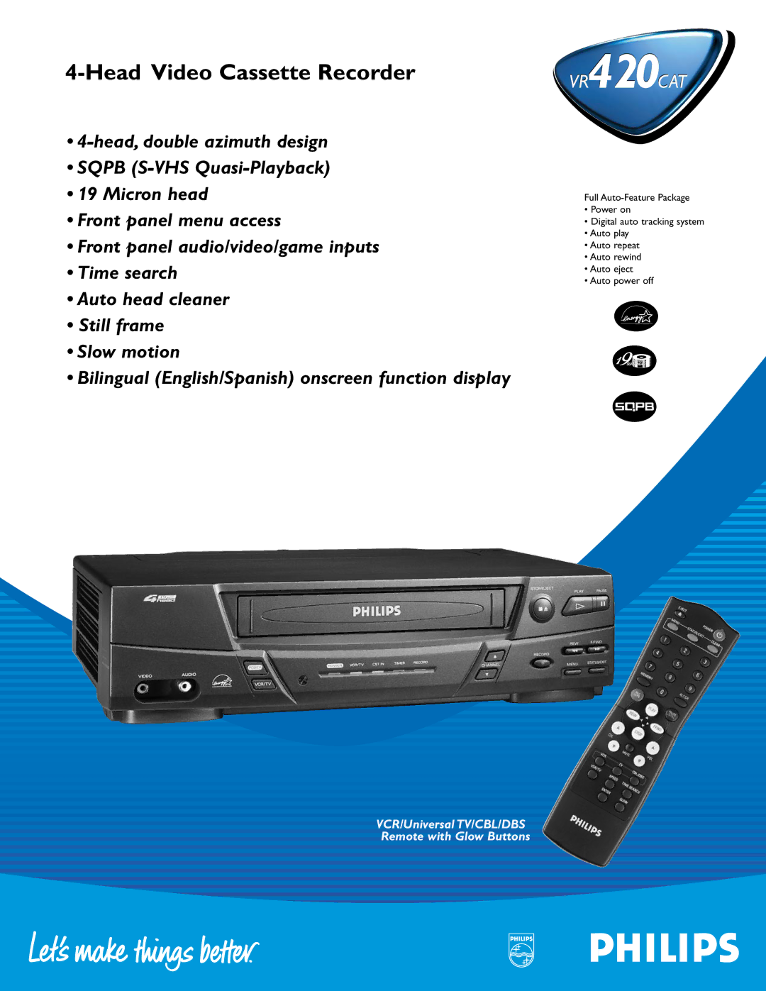 Philips VR420CAT manual Head Video Cassette Recorder 