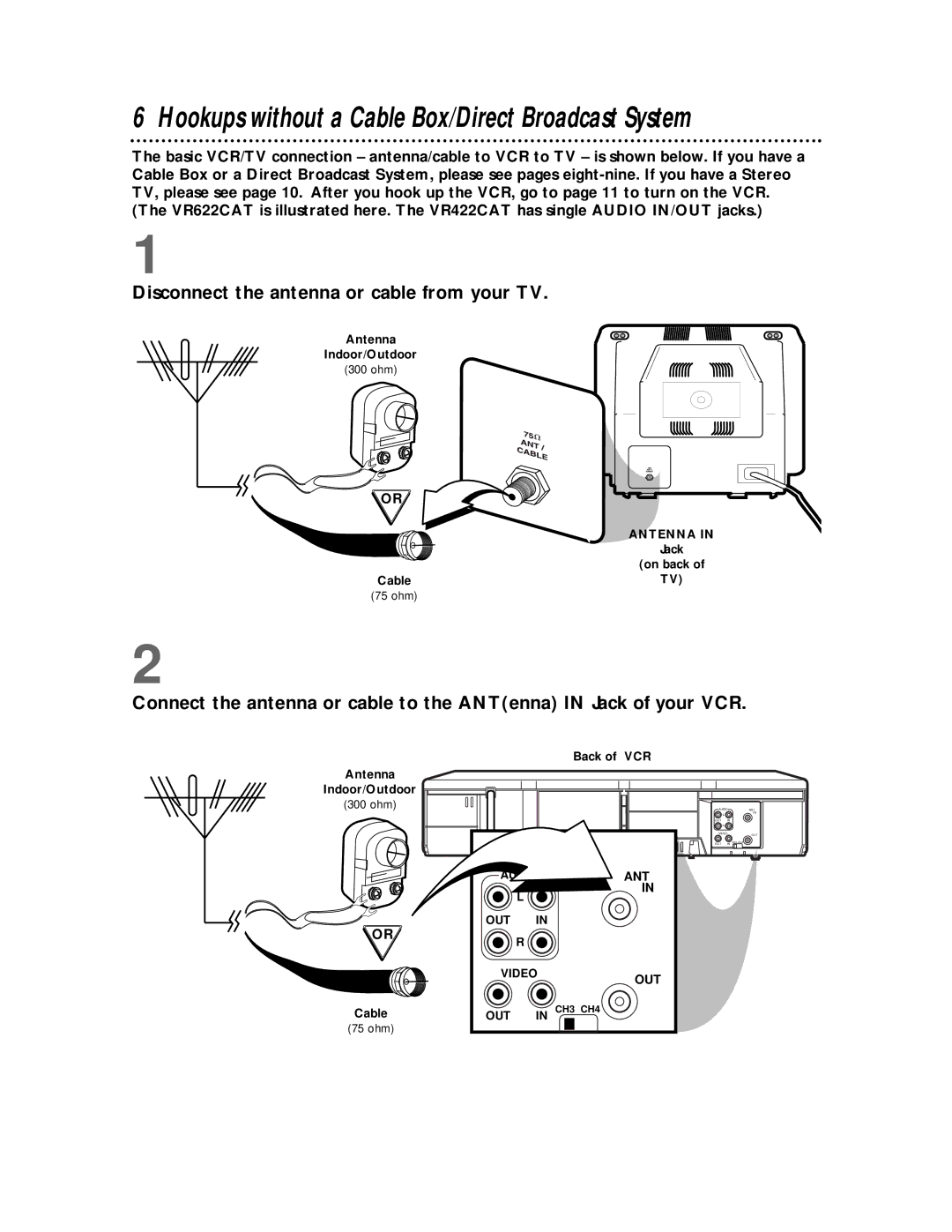 Philips VR422CAT manual Hookups without a Cable Box/Direct Broadcast System 