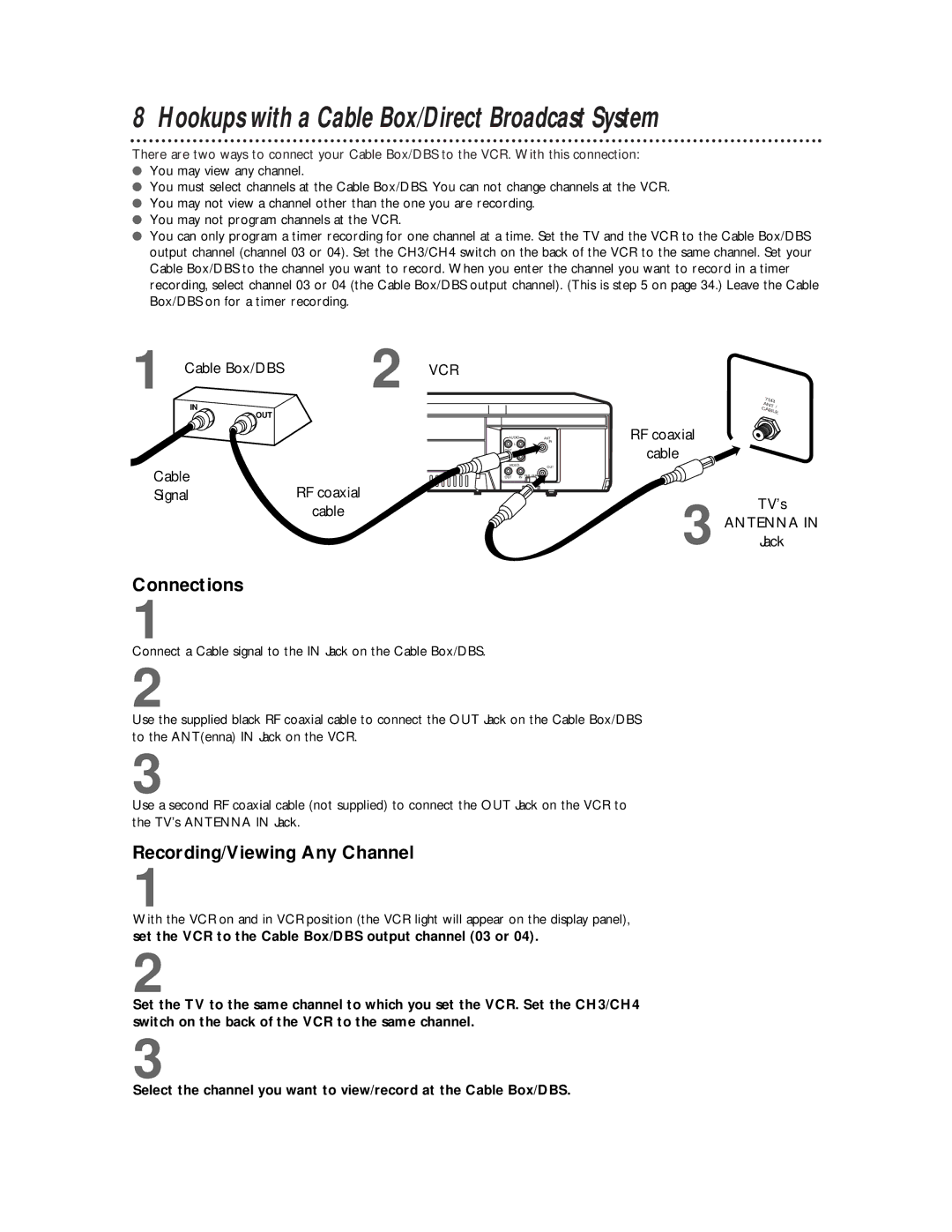 Philips VR422CAT manual Hookups with a Cable Box/Direct Broadcast System, Vcr 