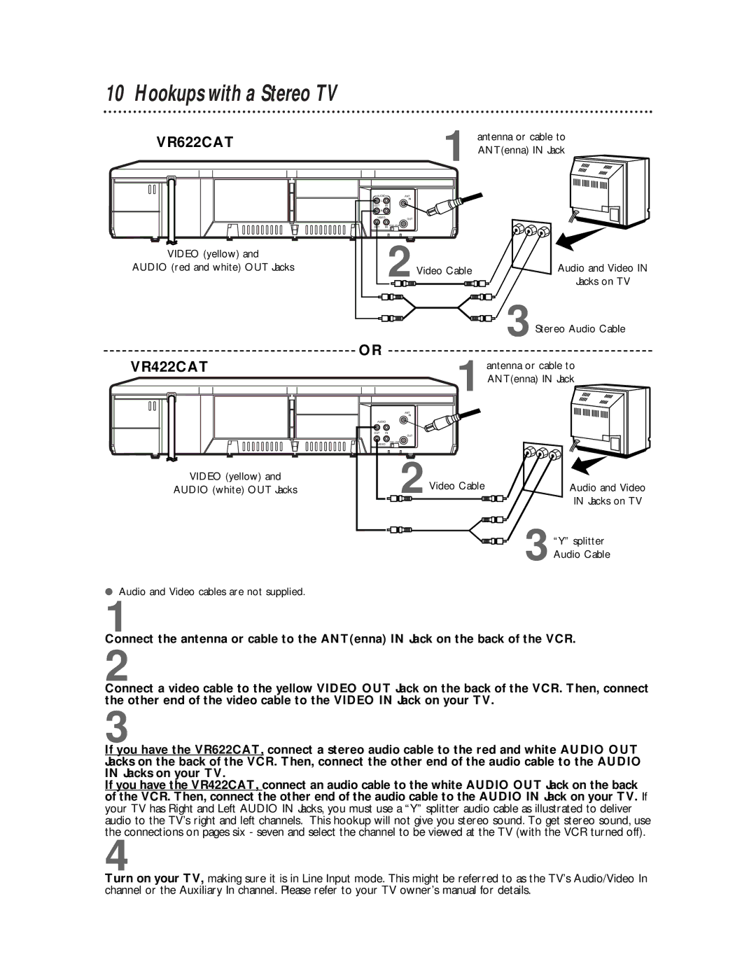 Philips VR422CAT manual Hookups with a Stereo TV, VR622CAT 