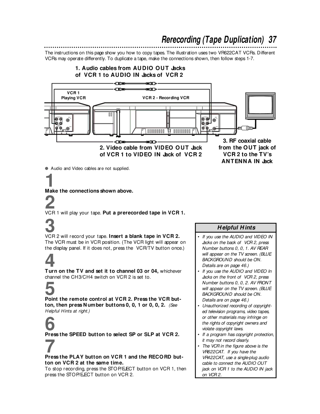 Philips VR422CAT manual Rerecording Tape Duplication, Antenna in Jack 